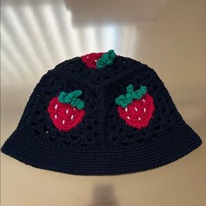 Strawberry Crochet Bucket Hat - Black and Red